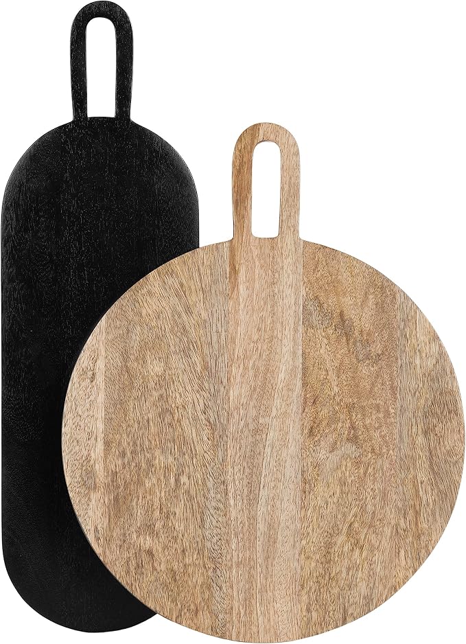 Kate and Laurel Staven Transitional Two-Piece Serving Boards Set; 7 x 22 and 14 x 18; Natural Brown and Black; Modern Food-Safe Charcuterie Boards with Solid Mango Construction