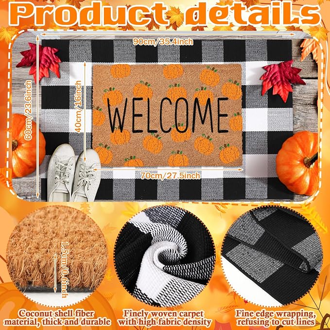 Moucuny 2 Pcs Fall Coir Doormat Outdoor Fall Pumpkin Welcome Outdoor Rugs for Layered Buffalo Black White Plaid Mats for Autumn Thanksgiving Front Door Porch Entryway Decor