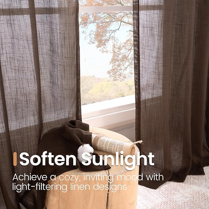 BGment Brown Linen Curtains 63 Inches Long for Living Room, Semi Sheer Window Drapes Rustic Textured for Farmhouse Beroom Dining Room Decor Rod Pocket Lightweight, 2 Panels Set, Each 52 Inch Wide