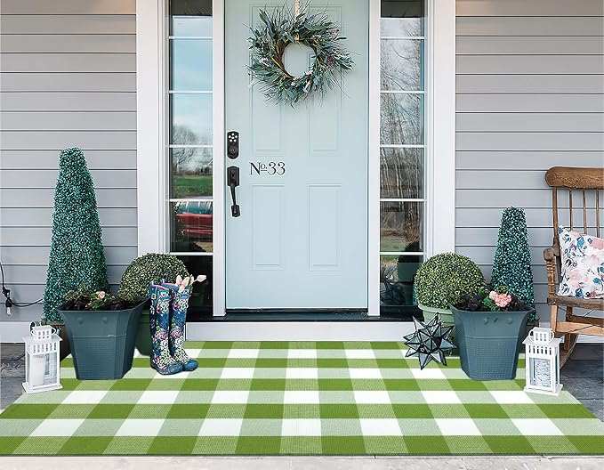 Green and White Outdoor Rug 3'X 5' Buffalo Checked Porch Rug Cotton Woven Machine Washable Layering Door Mat for Welcome Door Mat Porch Entryway Bedroom Living Room