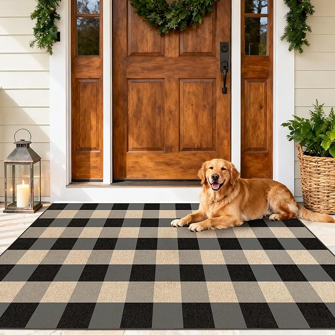 Washable Checkered Easy Jute Rug 3x5, Black Grey Plaid Checkerboard Boho Outdoor Indoor Patio Small Rugs, Woven Non Slip Thin Neutral Carpet Door Mat for Bedroom Entryway Front Door Farmhouse