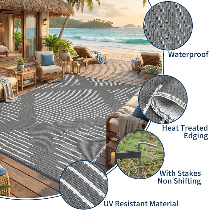 Garvee Waterproof Outdoor Area Rug 9x12 Plastic Reversible Rug for Patio Decor Easy-Cleaning Large Floor Mat for Camping RV Porch Deck Backyard Balcony Picnic Grey White