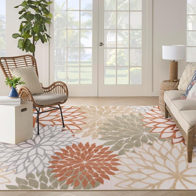 Nourison Home Aloha Indoor-Outdoor Ivory Multicolor 7'10" x 10'6" Area Rug, Easy Cleaning, Non Shedding, Bed Room, Living Room, Dining Room, Backyard, Deck, Patio (8x11)
