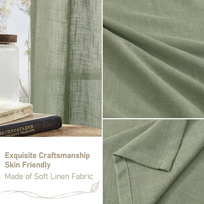 LAMIT Small Window Linen Curtains 45 Inches Long, Semi Sheer Light Filtering Panels Back Tab and Rod Pocket Drapes for Basement/Window/Kitchen, Sage Green, 2 Panels, 34 x 45 Inch
