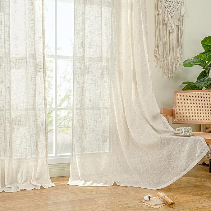 LAMIT Short Linen Curtains 45 Inches Long for Cafe 2 Panels, Cream Ivory Light Filtering Semi Sheer Panels Back Tab and Rod Pocket Neutral Drapes for Window/Loft Room, 52 x 45 Inch