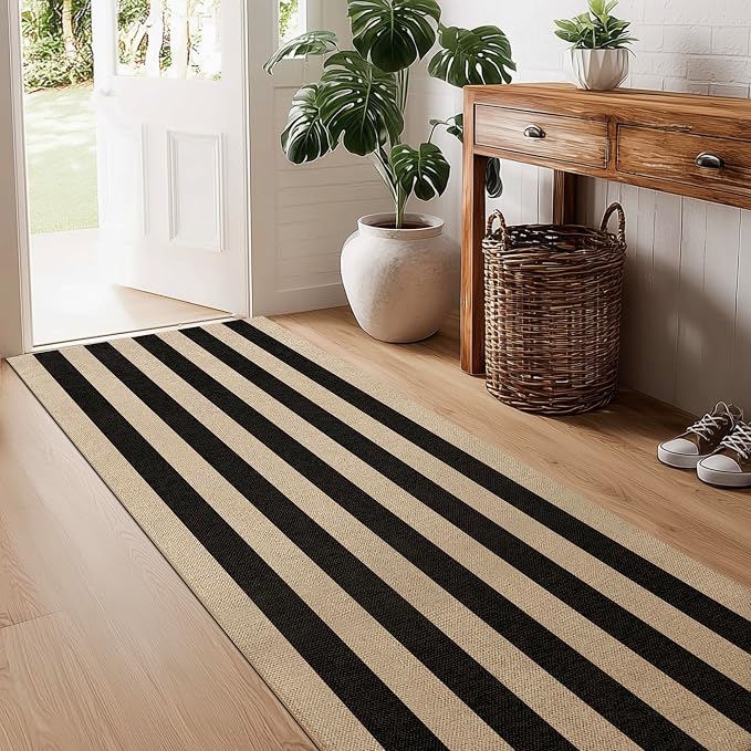 Washable Striped Easy Jute Runner Rug, 2x6 Black Boho Geometric Outdoor Indoor Patio Rug, Low Pile Lightweight Non Slip Neutral Long Runner Carpet Mat for Hallway Kitchen 6ft Entryway Porch Farmhouse