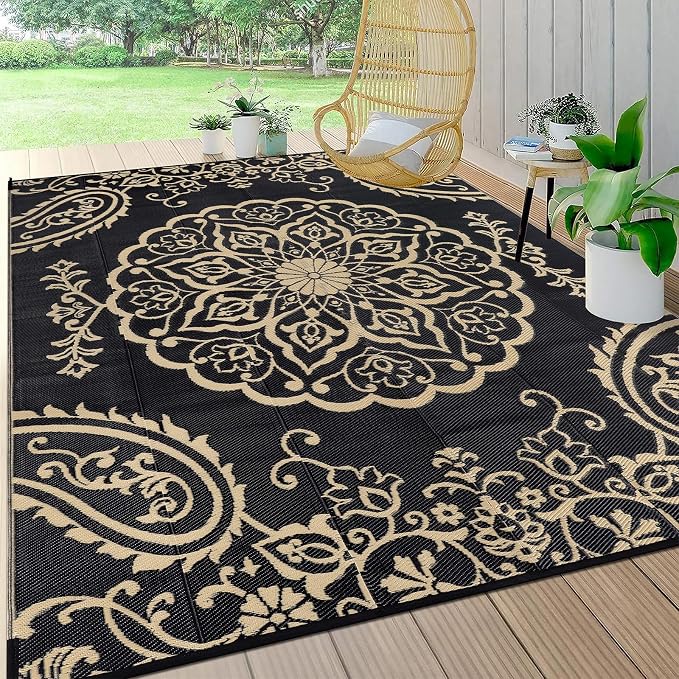 Pauwer Outdoor Rug 8x10, Waterproof Plastic Camping Rug, Boho Black Brown | Reversible Patio Rug, UV Resistant Indoor Outdoor RV Mat Carpet For Deck, Camper, Porch, Balcony, Backyard, Picnic, Foldable