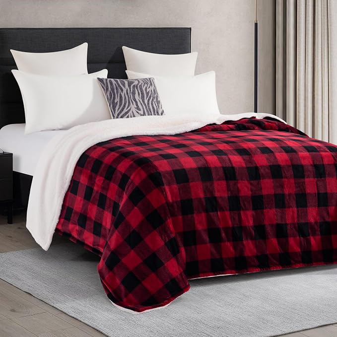 Elegant Comfort Ultra Soft Reversible Buffalo Plaid Flannel Sherpa Blanket - Cozy Silky Checkered Fleece Throw for Couch, Bed - Plush Fuzzy Warm Winter Blanket for Gift, Full, Burgundy