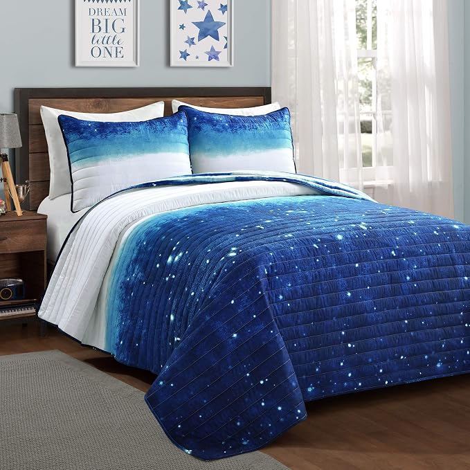 Lush Decor Space Star Ombre Quilt 3 Piece Set, Full/ Queen, Navy & White - Toddler Galaxy Reversible Watercolor Stripe Print for Kids Room
