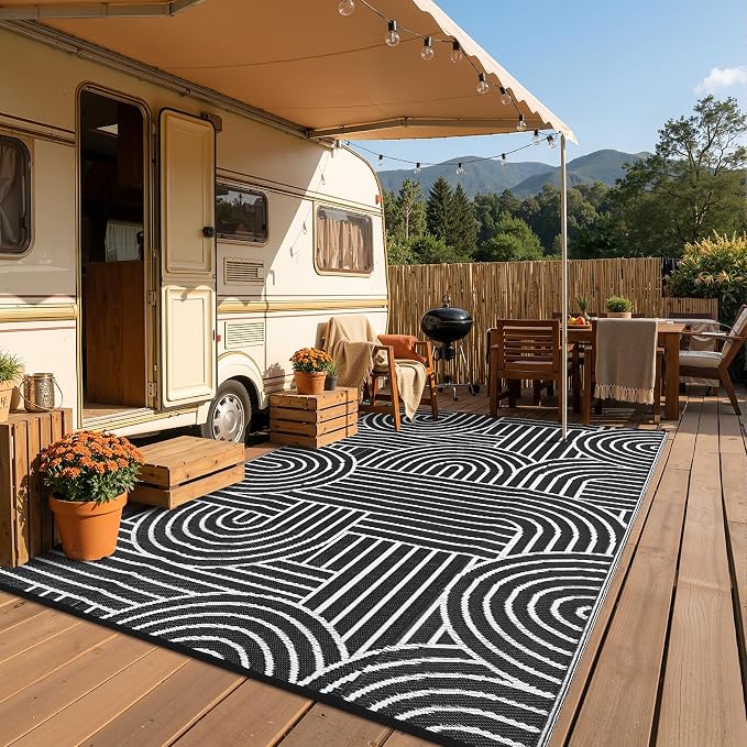 Garvee Reversible Rainbow Outdoor Rug 10x14, Waterproof Outdoor Plastic Straw Rug, RV Mat for Picnics, Patio, Camping, Balcony, Deck, Backyard, Porch, Black