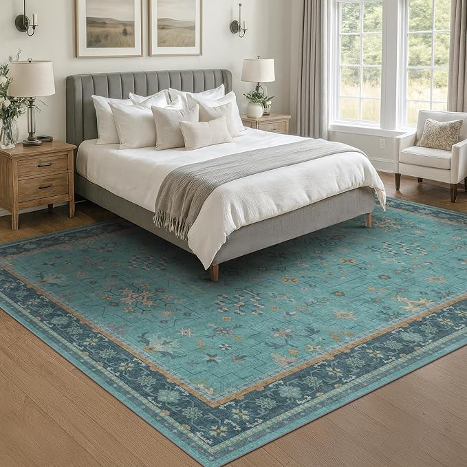 Boho 8x10 Large Teal Green Rugs for Living Room - Vibrant Turquoise Rug for Bedroom under Bed, Dining Room under Kitchen Table, Washable Soft Non Slip Unique Aqua Colorful Indoor Décor teal area rug