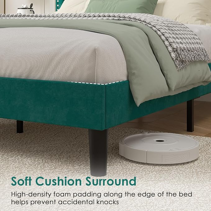 VECELO Full Size Platform Bed Frame with Height Adjustable Upholstered Headboard, Modern Mattress Foundation,Strong Wood Slat Support, No Box Spring Needed, Easy Assembly,Dark Green