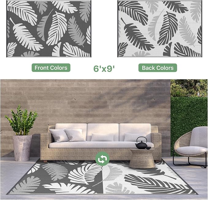 GENIMO Outdoor Rug, Waterproof Plastic Rugs for Patio, 6'x9' Grey White | Outside Larger Leaf Carpet Mat for Porch Decor, Deck, Balcony, Camping, RV, Backyard, Picnic, Beach, Reversible, Foldable