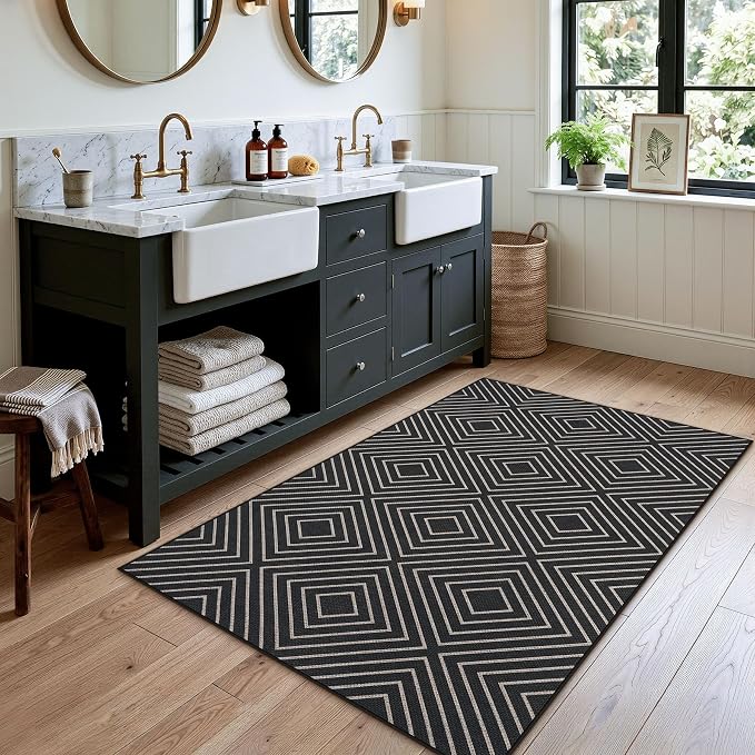 Tribesigns Modern Easy Jute 3x5 Washable Outdoor Patio Porch Area Rug,Black | Machine Washable, Non-Slip with 4 Rug Tape, Ultra-Thin Low Pile, for Farmhouse Indoor Kitchen Entryway Deck RV Balcony