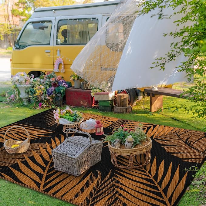 GENIMO Outdoor Rug, Waterproof Plastic Rugs for Patio, 6'x9' Orange Black | Outside Larger Leaf Carpet Mat for Porch Decor, Deck, Balcony, Camping, RV, Backyard, Picnic, Beach, Reversible, Foldable