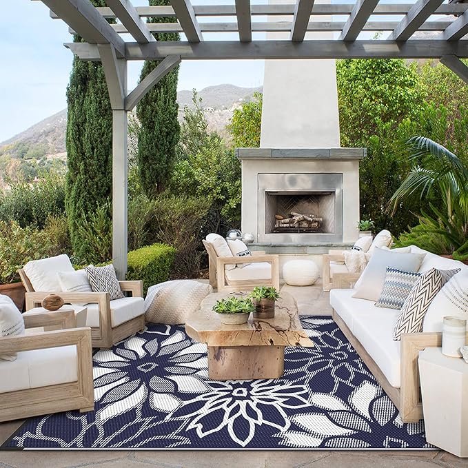 GENIMO Outdoor Rug, Waterproof Plastic Rugs for Patio, 5'x8' Ocean White | Outside Larger Leaf Carpet Mat for Porch Decor, Deck, Balcony, Camping, RV, Backyard, Picnic, Beach, Reversible, Foldable
