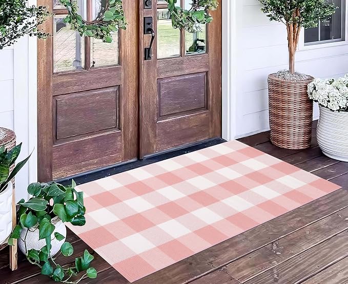 Pink and White Buffalo Outdoor Rug 24''x51''Checkered Plaid Front Porch Rug Cotton Woven Machine Washable Door Mat Outdoor for Layered Doormat Hello Welcome Door Mat Kitchen Farmhouse Entryway