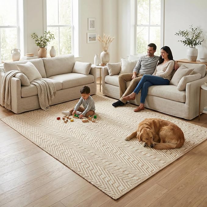 THE BEER VALLEY Jute Cotton Geometric Area Rug 5x7 Feet - Natural White | Large Boho Neutral Fiber Rugs for Living Room, Easy Care Ivory Beige Dining Décor Carpet