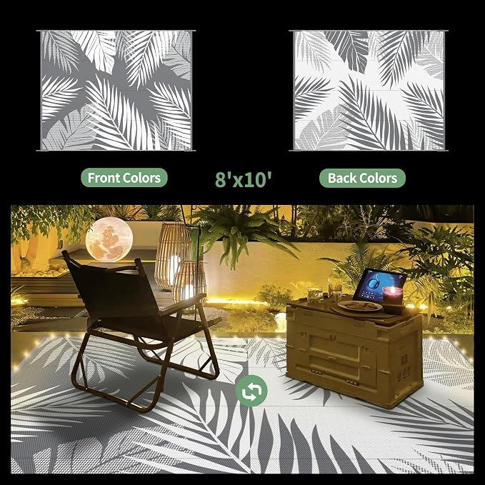 GENIMO Outdoor Rug, Waterproof Plastic Rugs for Patio, 8'x10' Led Grey | Outside Larger Leaf Carpet Mat for Porch Decor, Deck, Balcony, Camping, RV, Backyard, Picnic, Beach, Reversible, Foldable