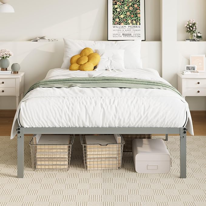 Allewie Twin XL Bed Frame, 14 inch Metal Beds with Storage Space, Grey | Heavy-Duty Metal Platform Beds, Large Under-Bed Storage Space, No Box Spring Needed, Easy Assembly