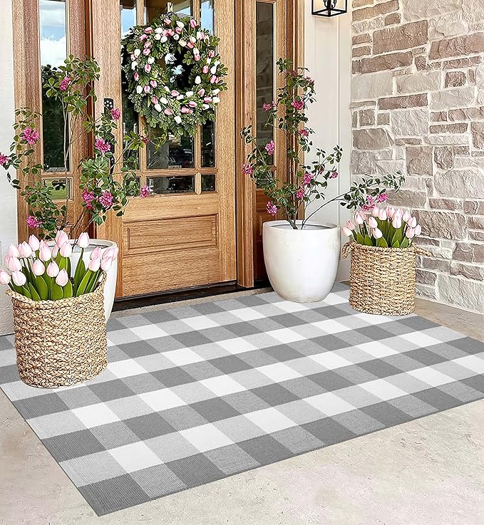 Grey and White Outdoor Rug 3'x5'Buffalo Plaid Checkered Front Porch Rug Machine Washable Farmhouse Front Door Mat Outdoor for Front Hello Welcome Mat,Bedroom,Entryway,Patio