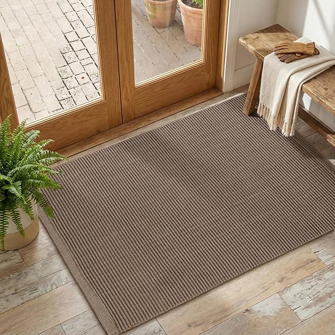 THE BEER VALLEY Woven Entryway Rug 2x3 Feet - Brown Mocha | Non Slip Kitchen Indoor Throw Door Mat for Bedroom, Washable Outdoor Low Pile Patio Rugs