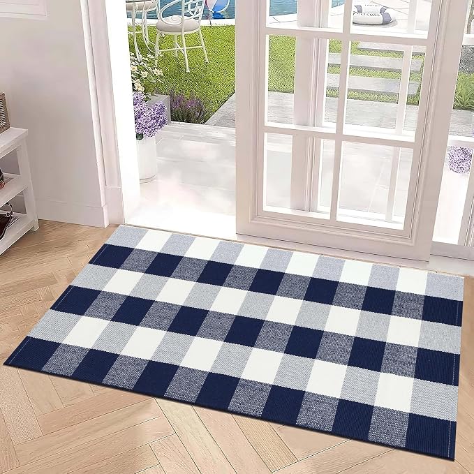 Blue and White Outdoor Rug 24''x 51''Buffalo Plaid Checkered Front Porch Rug Woven Machine Washable Farmhouse Door Mats Outdoor for Hello/Welcome Mat,Entryway,Bedroom,Patio
