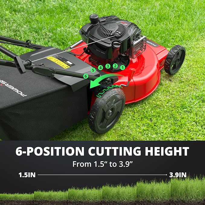 PowerSmart 22” Gas Lawn Mower, 150cc B&S Engine, Self-Propelled, 3-in-1 Mulching System, 6 Cutting Heights, Rear-Wheel Drive, Durable Steel Deck for Yard