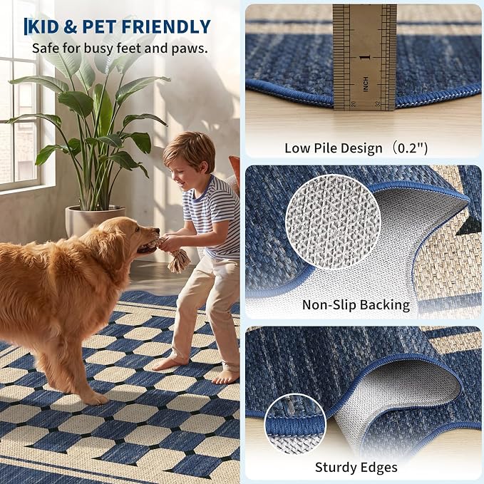 Garvee Scalloped Washable 2x6 Kitchen Runner Rug, Easy Jute Checkered Navy Rugs for Entryway Hallway, Indoor Outdoor Non Slip Rug Farmhouse Modern Carpet Door Mat for Porch Bedroom Laundry Room 2'x6'