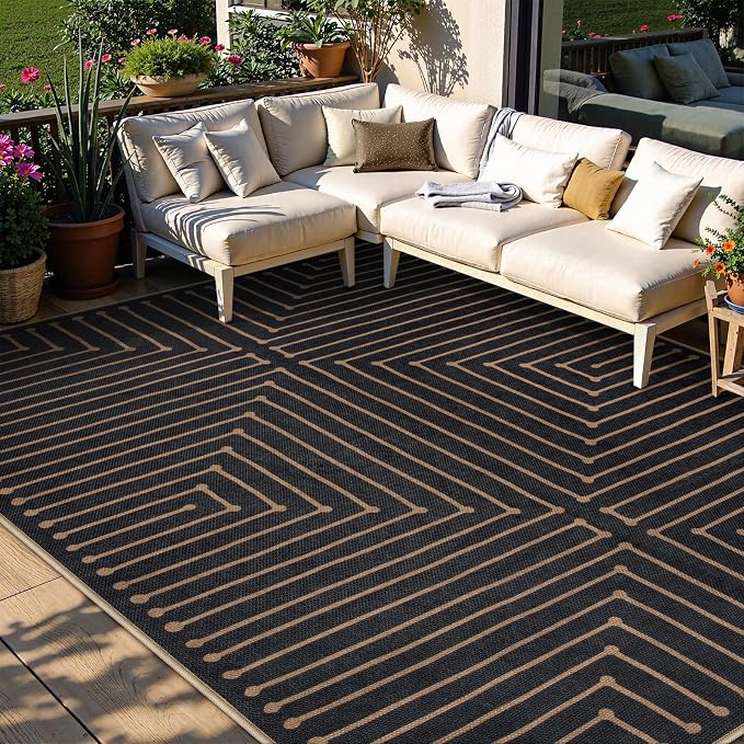 Lahome 8x10 Indoor Outdoor Rug, Black Easy Jute Farmhouse Geometric Rug | Rhombus Non Slip Non Shedding Indoor Outdoor Carpet for Living Room Deck Dining Classroom Decor