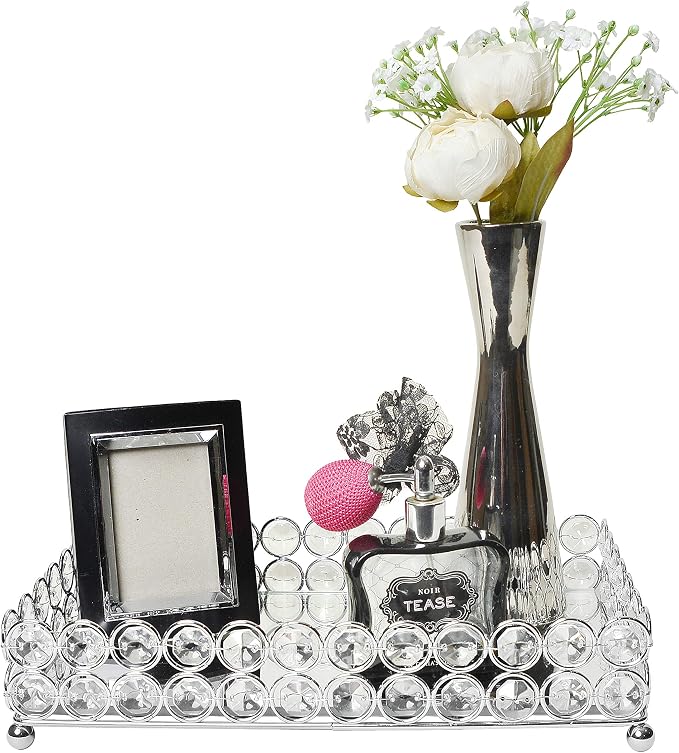 Elegant Designs HG1010-CHR Elipse Crystal Decorative Mirrored Jewelry or Makeup Cosmetic Perfume Vanity Organizer Tray, Chrome