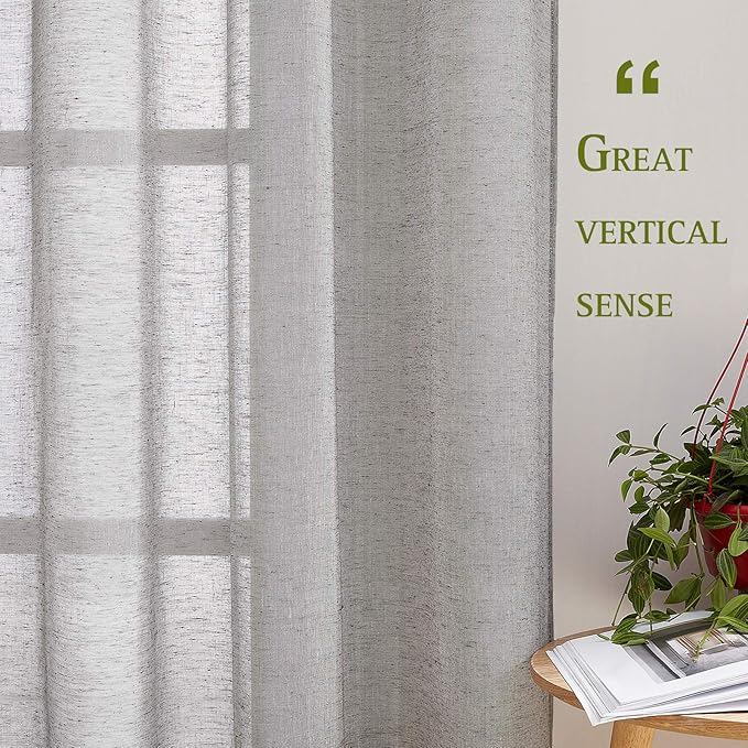NICETOWN Charcoal Grey Solid Linen Sheer Curtains, Ring Top Thick Flax Light - Image 5