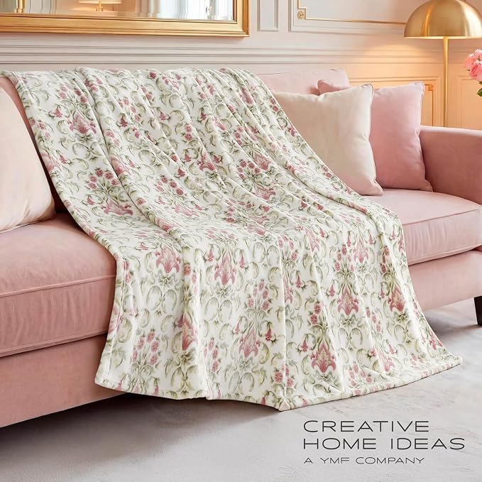 Oversized Plush Throw Blanket 60" x 70", Watercolor Damask Floral Green