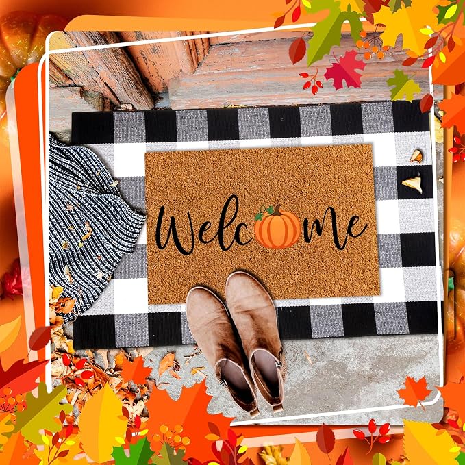Moucuny 2 Pcs Fall Coir Doormat Outdoor 16'' x 28'' Pumpkin Welcome Doormat Layered 24'' x 35'' Buffalo Black and White Plaid Rug Fall Non Slip Floor Mat Fot Autumn Entrance Porch Front Decor