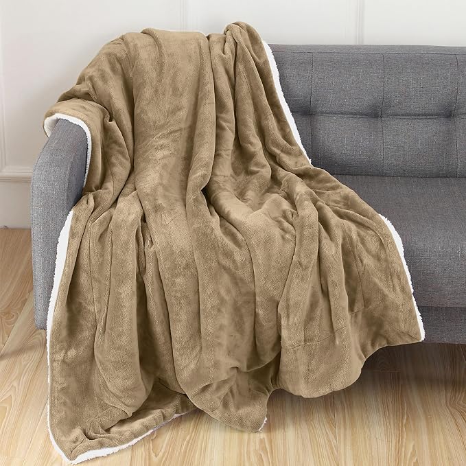 Elegant Comfort Throw Blanket, Reversible Sherpa Flannel, Ultra-Soft, Fuzzy, Cozy and Plush- All Season Lightweight Decorative Throw, 50 x 60 inches, Solid Sherpa Throw, Taupe