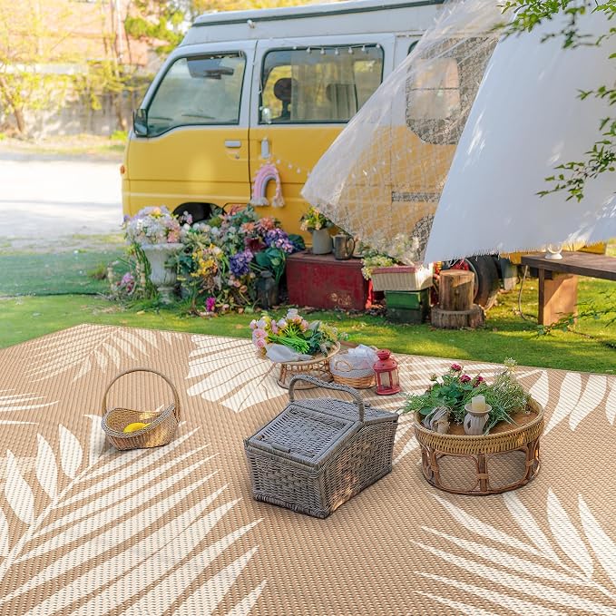 GENIMO Outdoor Rug, Waterproof Plastic Rugs 10'x14' for Camping Brown Beige | Outside Larger Leaf Carpet Mat for Porch Decor, Deck, Camping, RV, Backyard, Balcony, Picnic, Beach, Reversible, Foldable