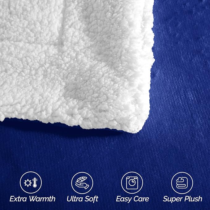 Elegant Comfort Ultra Soft Reversible Flannel Sherpa Blanket - Cozy Silky Fleece Throw for Couch, Bed - Plush Fuzzy Warm Winter Blanket for Gift, Full, Royal Blue