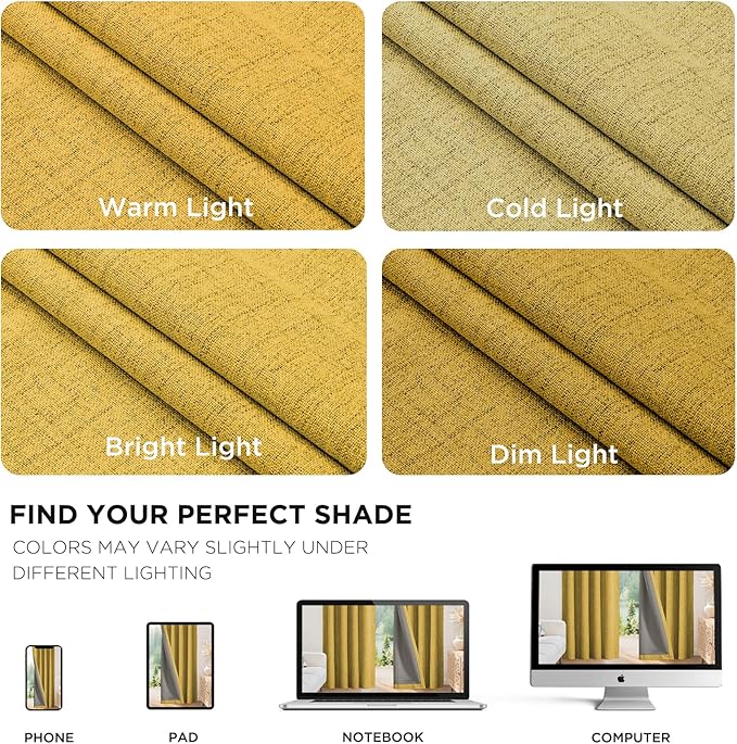 Joydeco Blackout Curtains for Bedroom - 100% Light Blocking 2 Panels Set Yellow Drapes 66" W x 84" L, Thermal Insulated Room Darkening Curtains, Linen Textured for Living Room, Rod Pocket & Back Tabs
