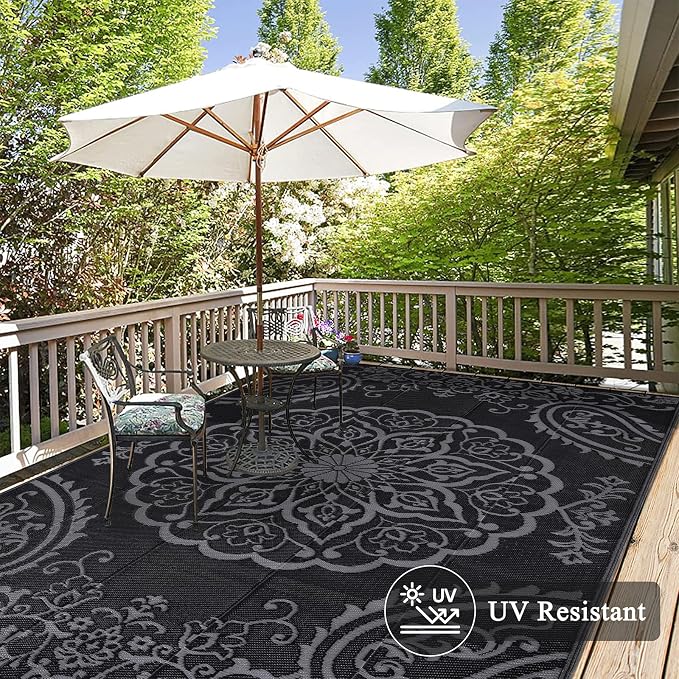 Pauwer Outdoor Rug 6x9, Waterproof Plastic Camping Rug, Boho Black Grey | Reversible Patio Rug, UV Resistant Indoor Outdoor RV Mat Carpet For Deck, Camper, Porch, Balcony, Backyard, Picnic, Foldable