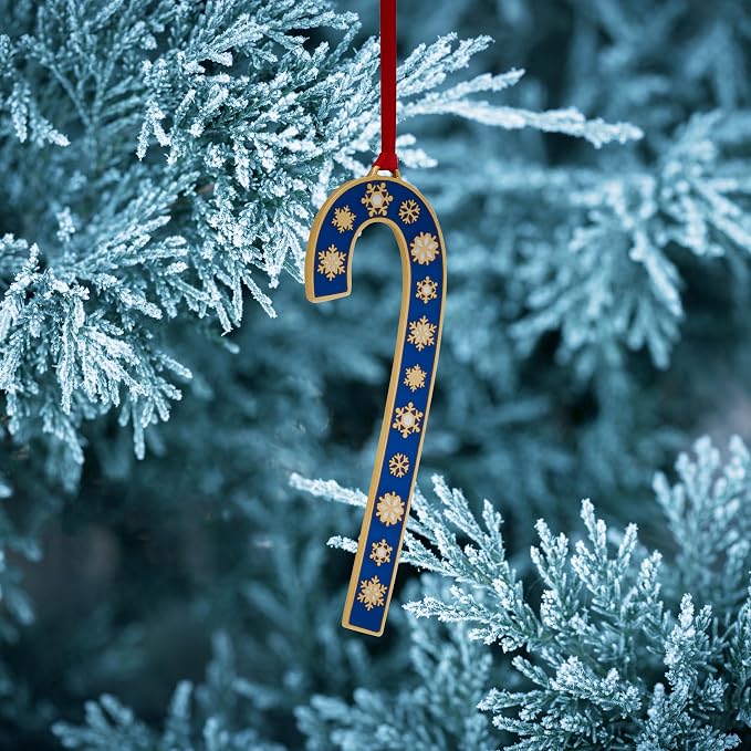 Wallace 2024 Gold-Plated Enamel Candy Cane Ornament 44th Edition - Blue with Gold Snowflakes - Limited Edition Collectible Christmas Tree Ornament with Gift Box