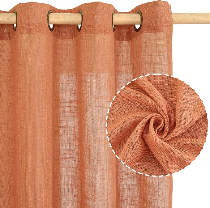 LAMIT Orange Linen Curtains 54 Inch Length, Semi Sheer Light Filtering Panels Bronze Grommet Rust Country Decor Drapes for Bedroom/Living Room, Burnt Orange, 2 Panels, 34 x 54 Inch