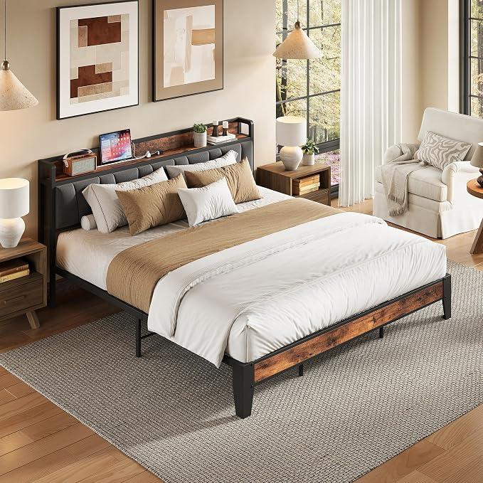 LIKIMIO King Size Bed Frame, Storage Headboard with Charging Station, Solid and Stable, Noise Free, No Box Spring Needed, Easy Assembly