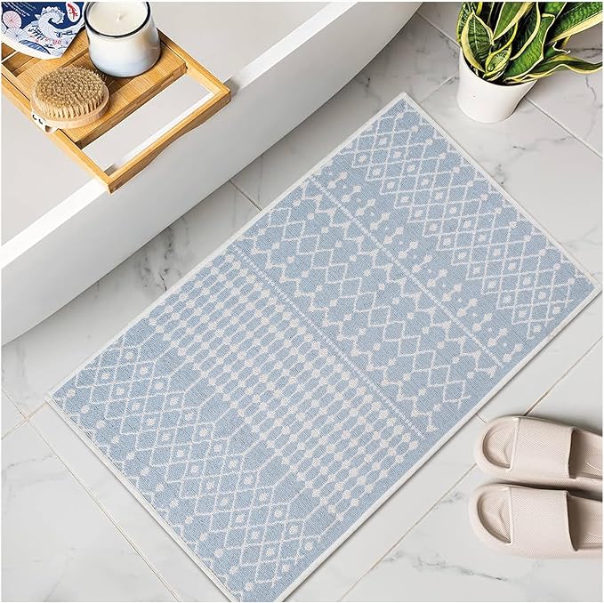 THE BEER VALLEY Moroccan Kitchen Runner Rug 27x45 Inch - Spa Blue | Non Slip Cotton Woven Rugs for Laundry Room, Washable Boho Outdoor Area Runners