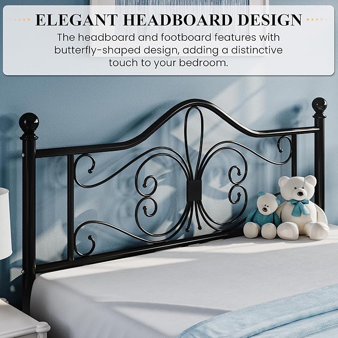 SHA CERLIN Queen Size Metal Bed Frame with Butterfly Headboard, Black | Metal Platform Bed for Kids, Wrought Iron-Art Headboard/Footboard, Under-Bed Storage, No Box Spring Needed, Easy Assembly