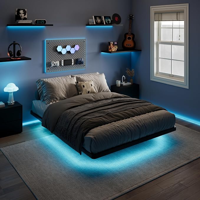 SHA CERLIN Full Size Floating Bed Frame with Smart LED Lights, Black | Modern Design Metal Platform Bed with Power Strip, No Box Spring Needed, Noise-Free, Easy Assembly