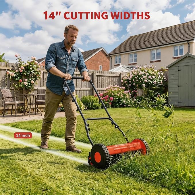 14" Push Lawn Mower, Manual Hand Push Lawn Mower Without Grass Catcher, Lightweight & Portable Walk-Behind Mower for Small Yards, Garden & Patio