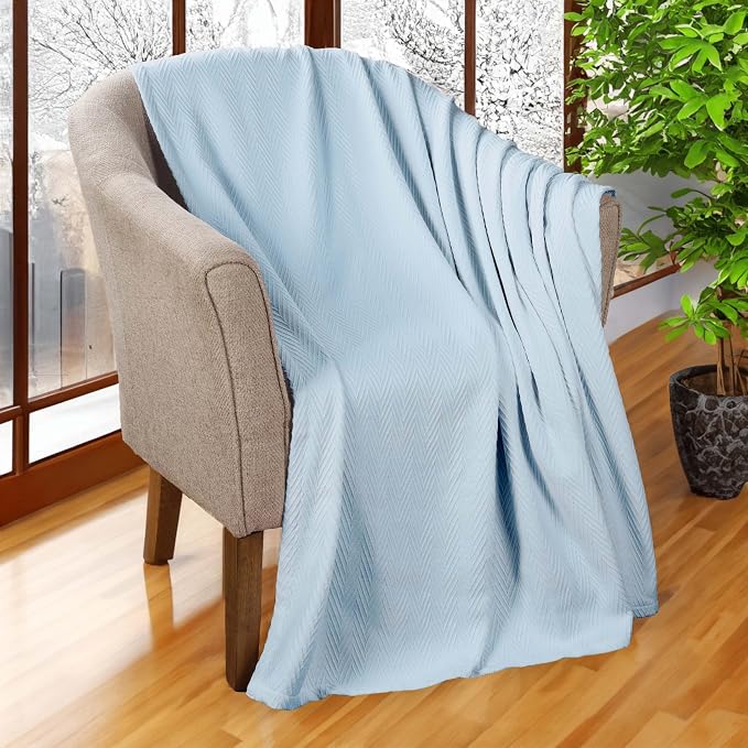 Superior Metro All-Season Cotton Blanket, Woven Blanket for Couch, Bed, Bedding, Farmhouse, Home Essentials, Cute and Cozy Bohemian Blankets, Herringbone Weave, Full/Queen, Light Blue