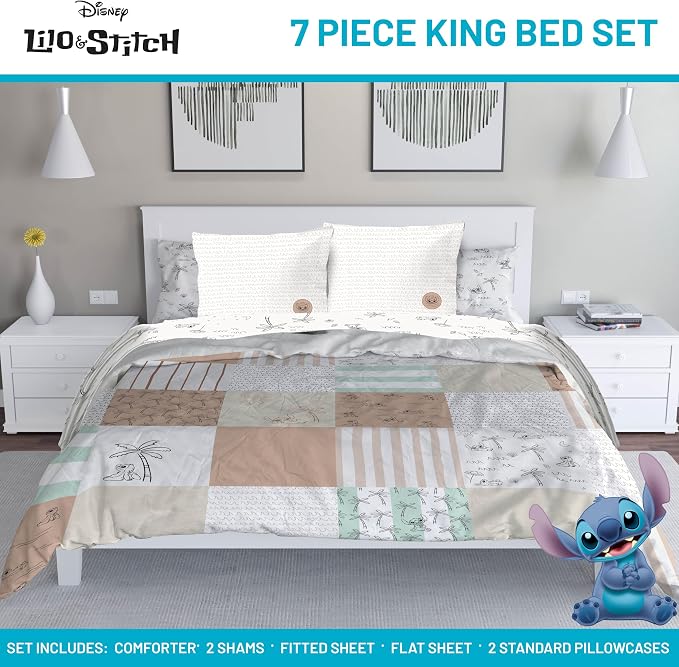 Disney Lilo and Stitch King Comforter Set 7 Piece Bedding for Girls, Multi | Bed in a Bag, Comforter Sheets Shams Pillowcases, Official Product, Soft Microfiber, Machine Washable, Girls Gift