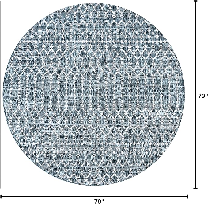 JONATHAN Y Moroccan Geometric Indoor Outdoor Round Area Rug 6 Ft Teal/Gray, Ourika Textured Weave for Backyard, Patio, Porch, Easy-Cleaning, High Traffic, Pet-Friendly, Non-Shedding (SMB108C-6R)