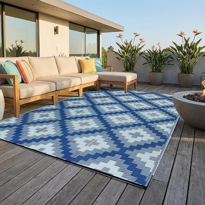 FH Home Outdoor Camping Rug - Waterproof, Fade Resistant, Reversible - Premium Recycled Plastic - Geometric - Large Patio, Deck, Sunroom, RV - Aztec Kilim - Blue Multi - 9 x 12 ft Foldable